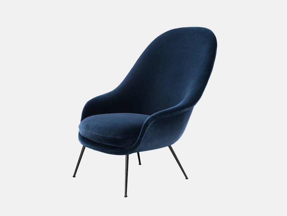 Gubi Bat High Back Lounge Chair Gubi Velvet 970 black conic legs Gam Fratesi